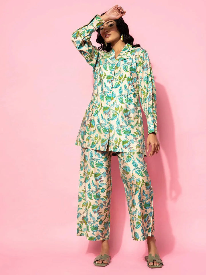 Beige Printed Silk Blend Co-Ords - Libas