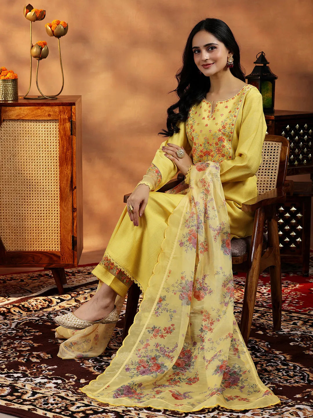 Yellow Yoke Design Silk Blend Straight Suit With Dupatta Online at Rs.1926 | Libas