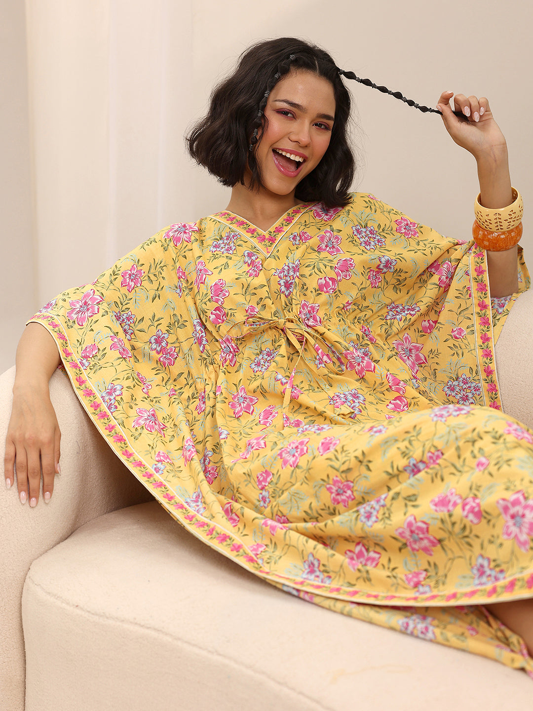 Yellow Printed Cotton Kaftan Night Dress