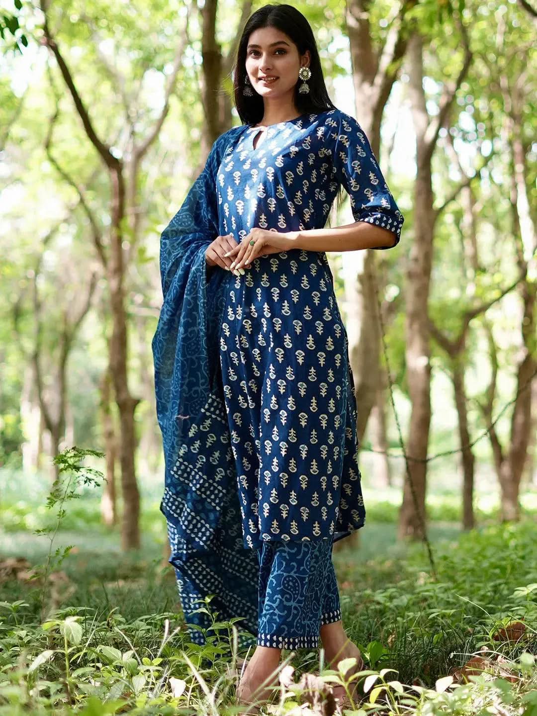Blue Printed Cotton Straight Kurta With Palazzos & Dupatta - Libas