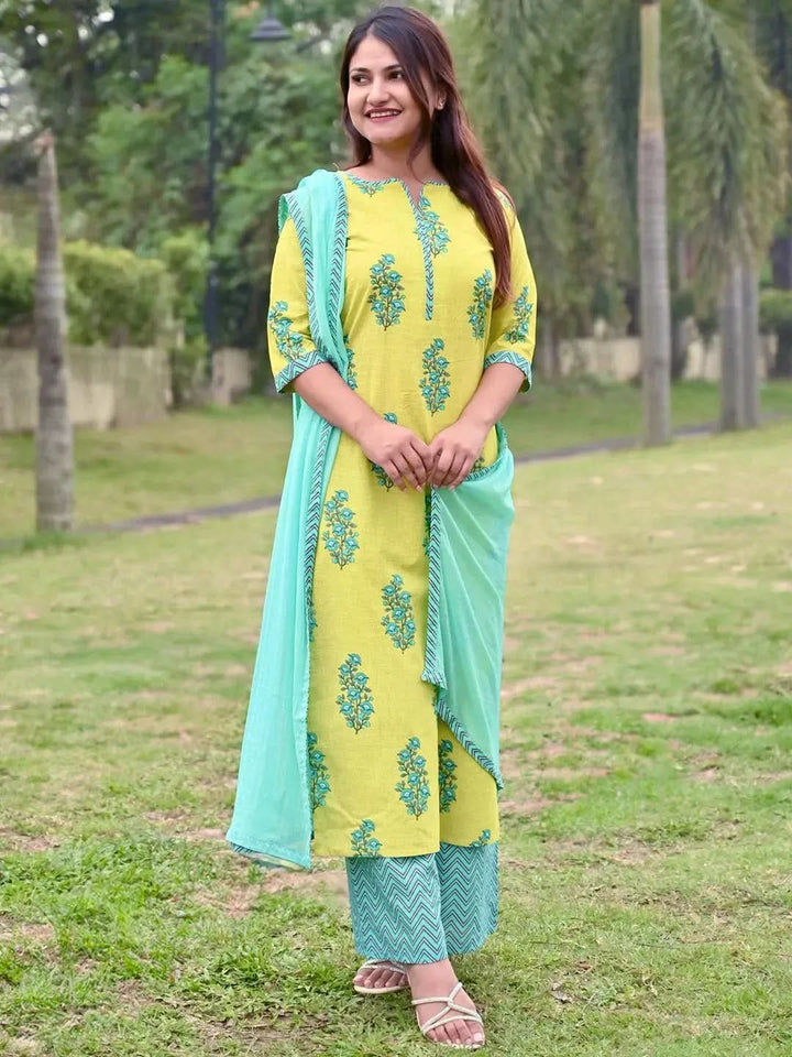 Green Printed Cotton Straight Kurta With Palazzos & Dupatta - Libas