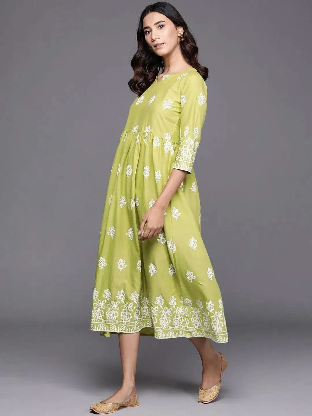 Green Printed Cotton Dress - Libas