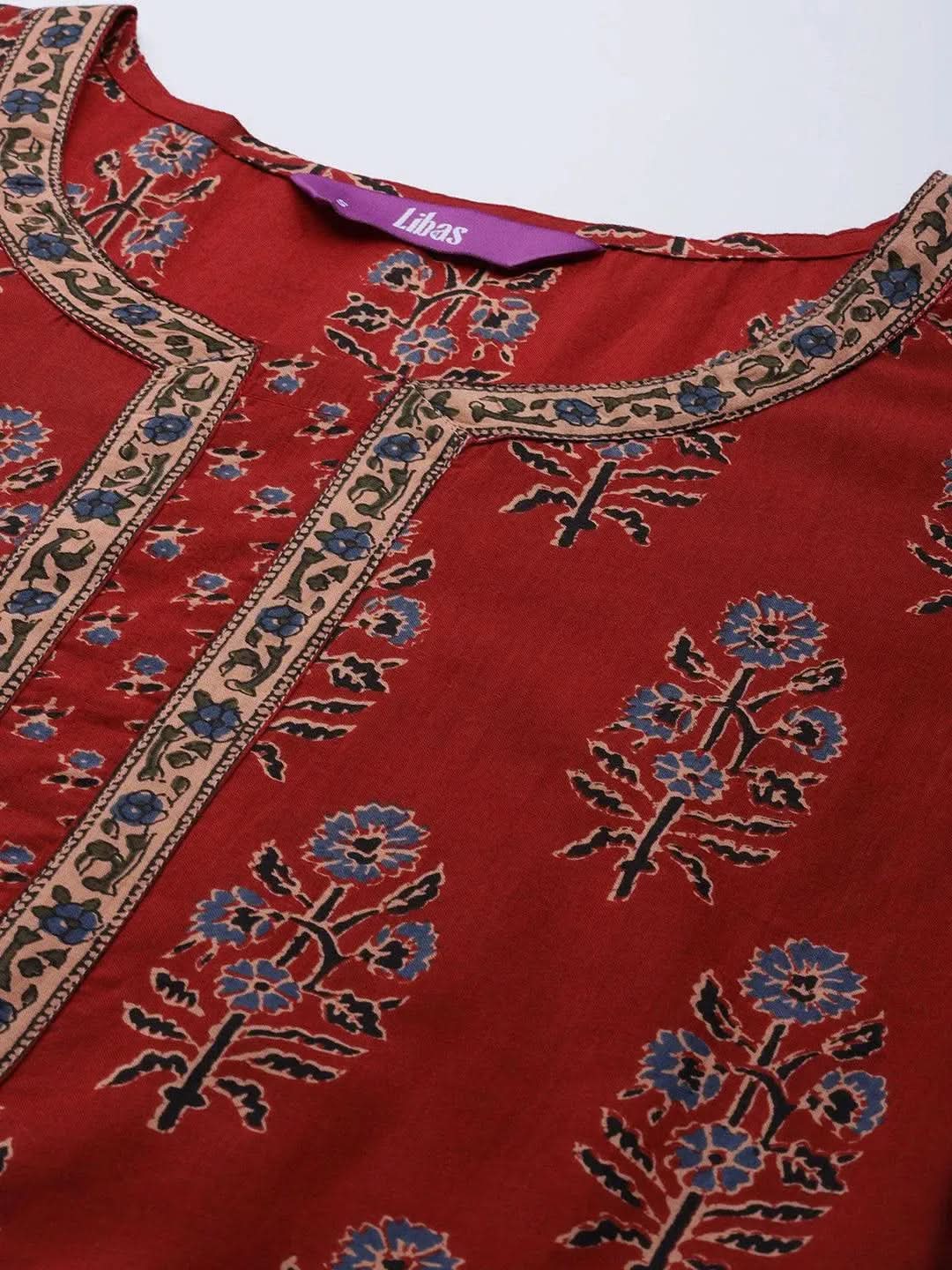 Maroon Printed Cotton Kurta - Libas