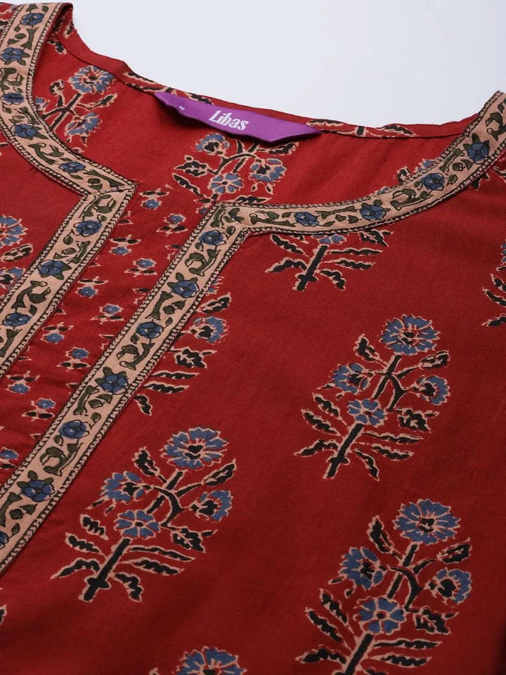 Maroon Printed Cotton Kurta - Libas