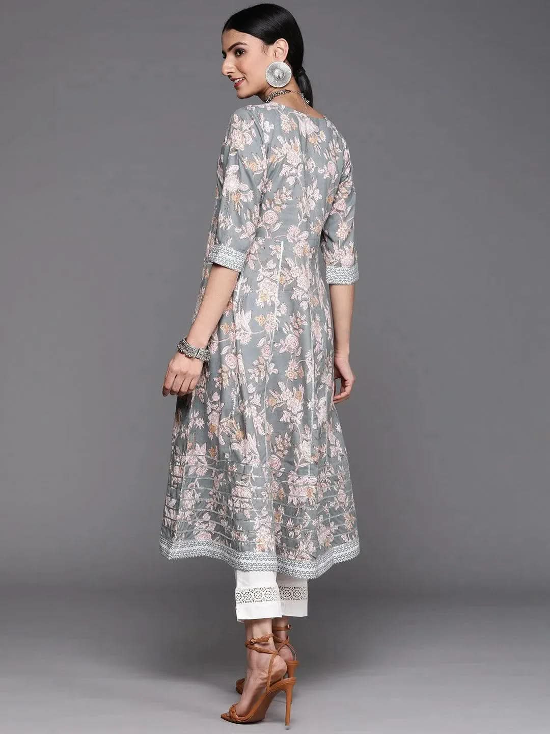 Grey Printed Cotton Kurta - Libas