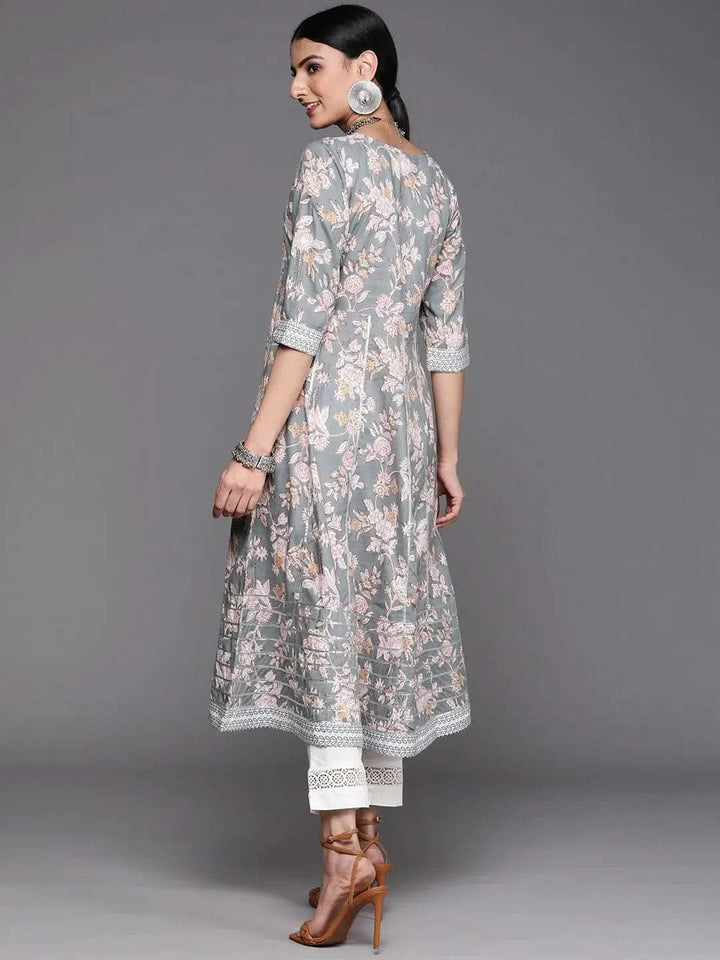 Grey Printed Cotton Kurta - Libas