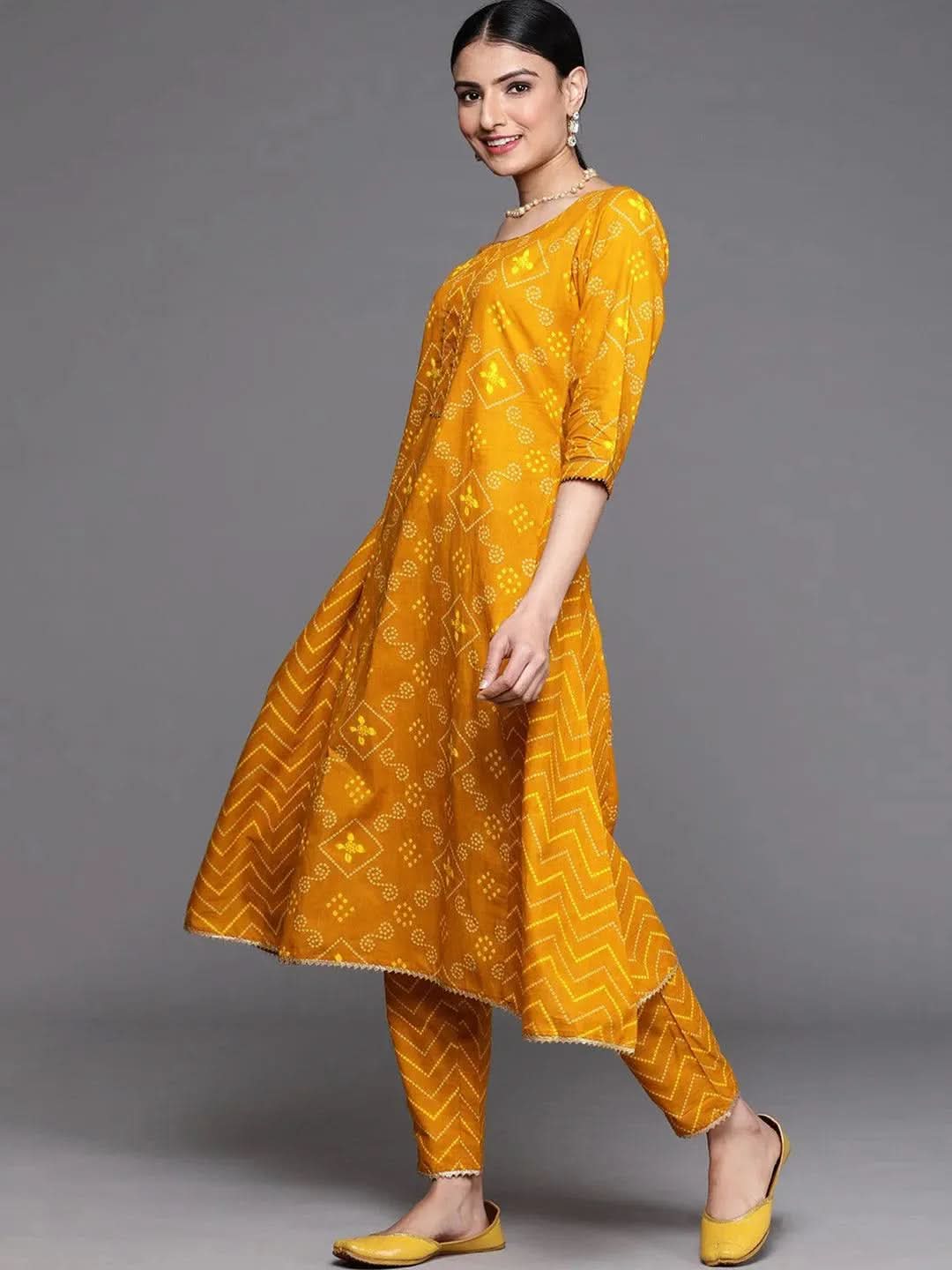Mustard Printed Cotton Kurta - Libas
