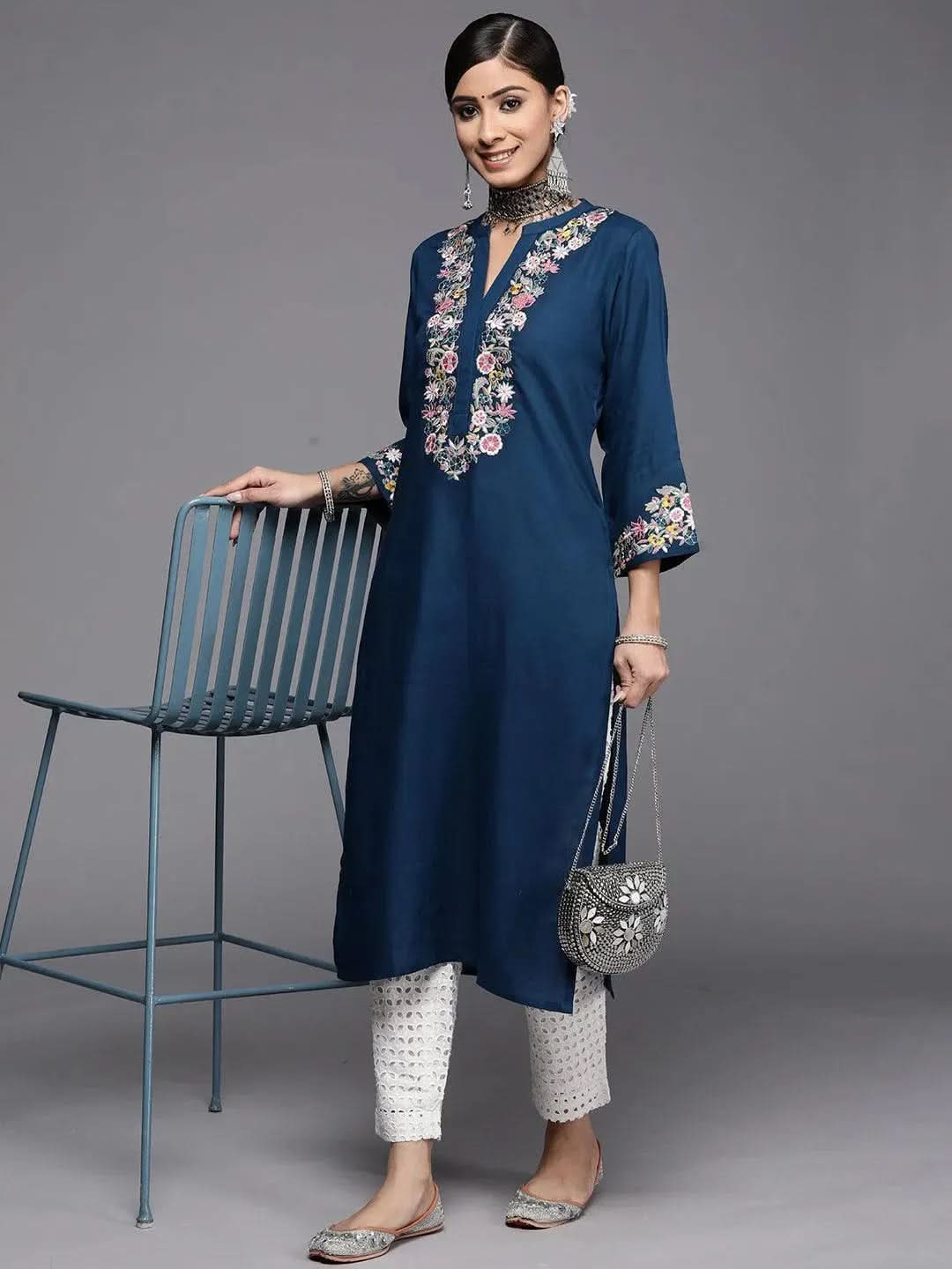 Blue Yoke Design Rayon Kurta - Libas