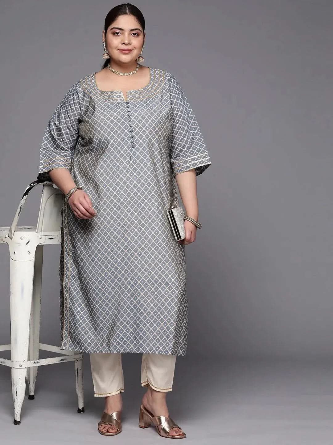 Plus Size Grey Printed Silk Straight Kurta - Libas