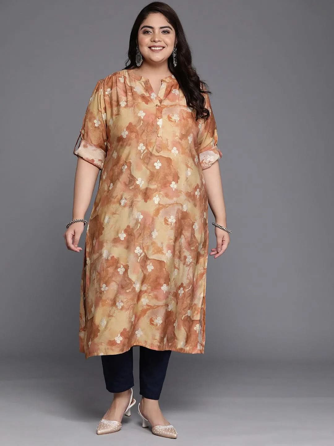 Plus Size Brown Printed Silk Straight Kurta
Plus Size Brown Printed Silk Straight Kurta