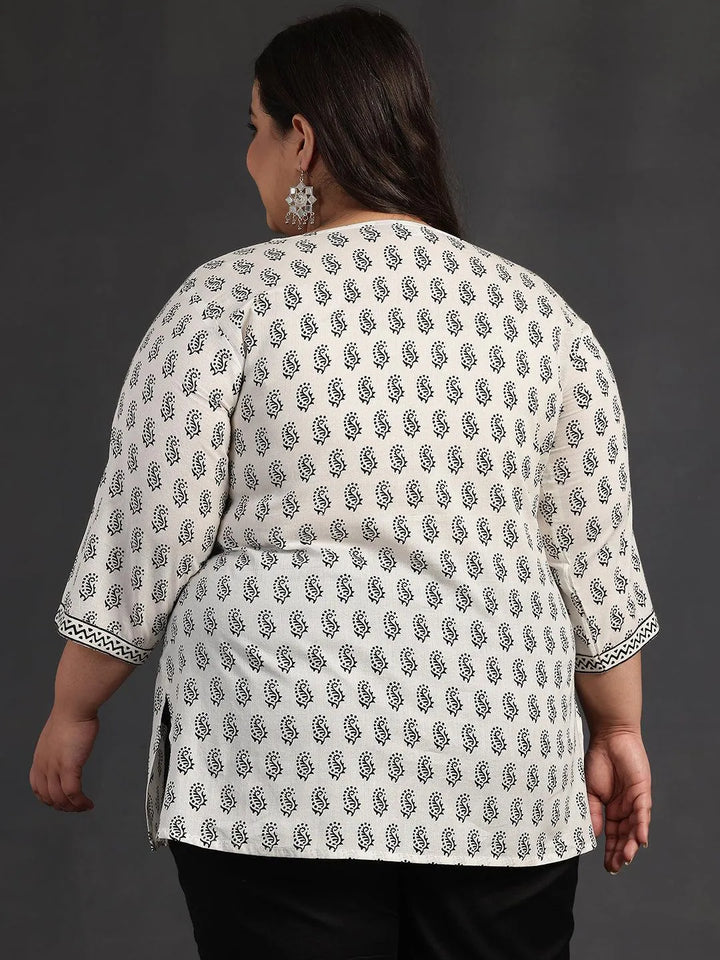 Plus Size White Printed Cotton Straight Kurti - Libas