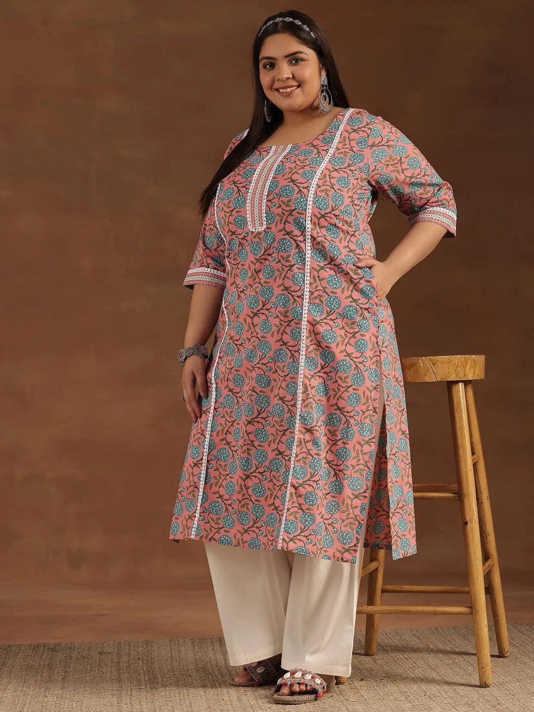 Plus Size Pink Printed Cotton Straight Kurta - Libas