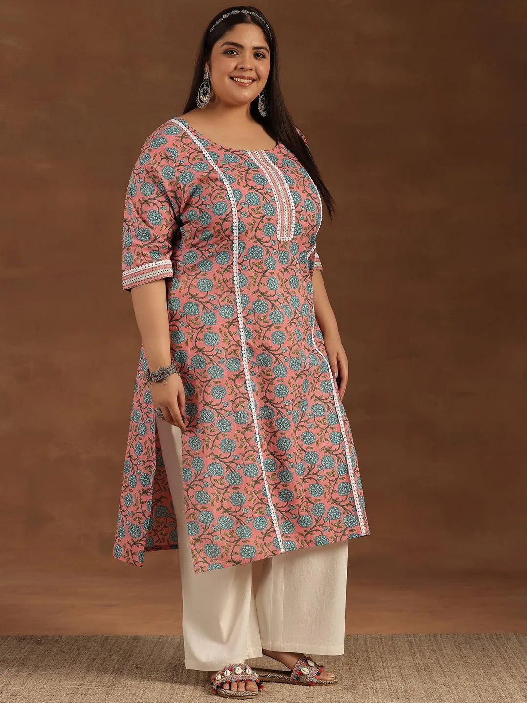Plus Size Pink Printed Cotton Straight Kurta - Libas