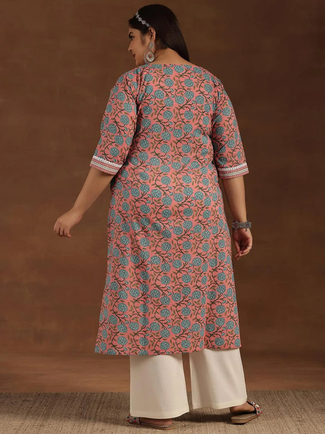 Plus Size Pink Printed Cotton Straight Kurta - Libas