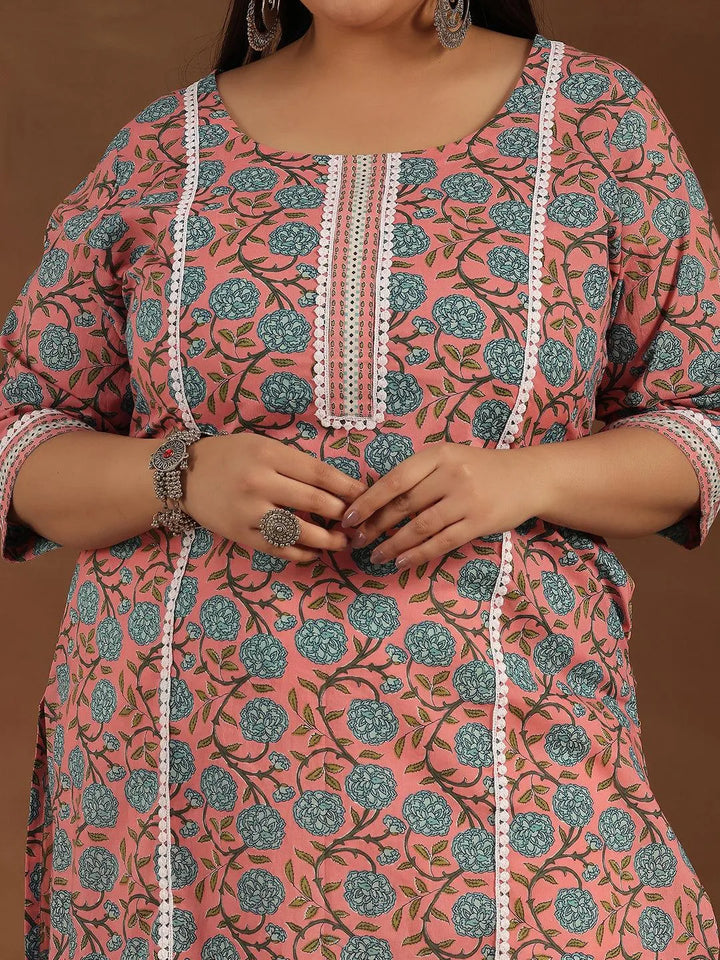 Plus Size Pink Printed Cotton Straight Kurta - Libas
