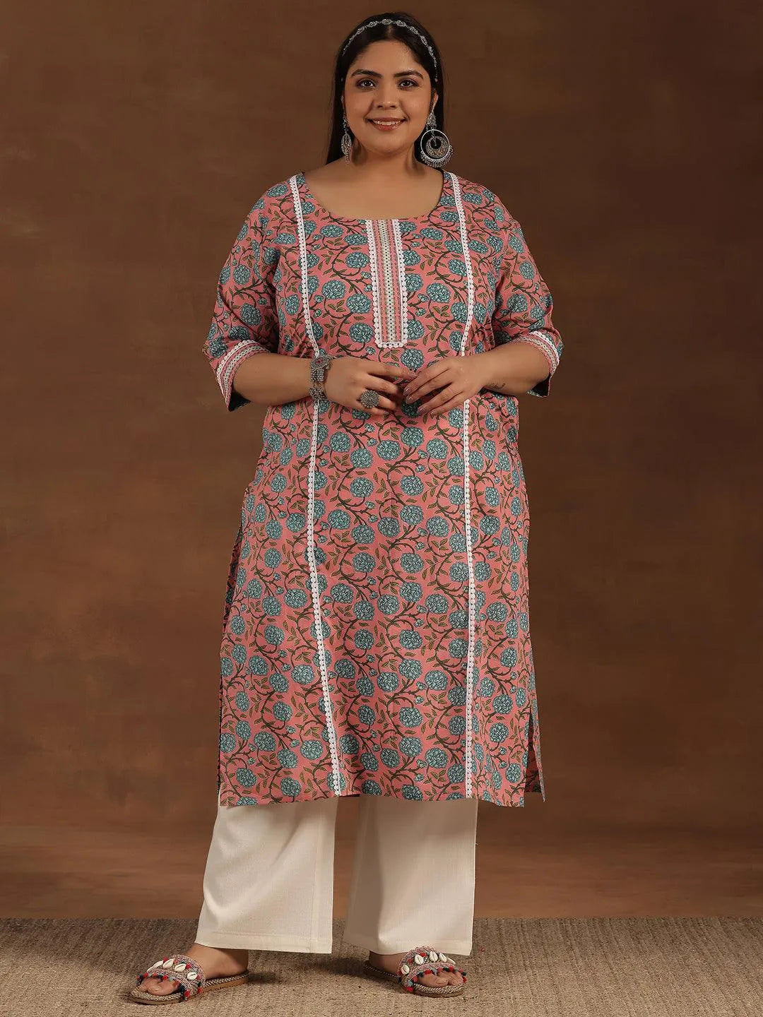 Plus Size Pink Printed Cotton Straight Kurta - Libas