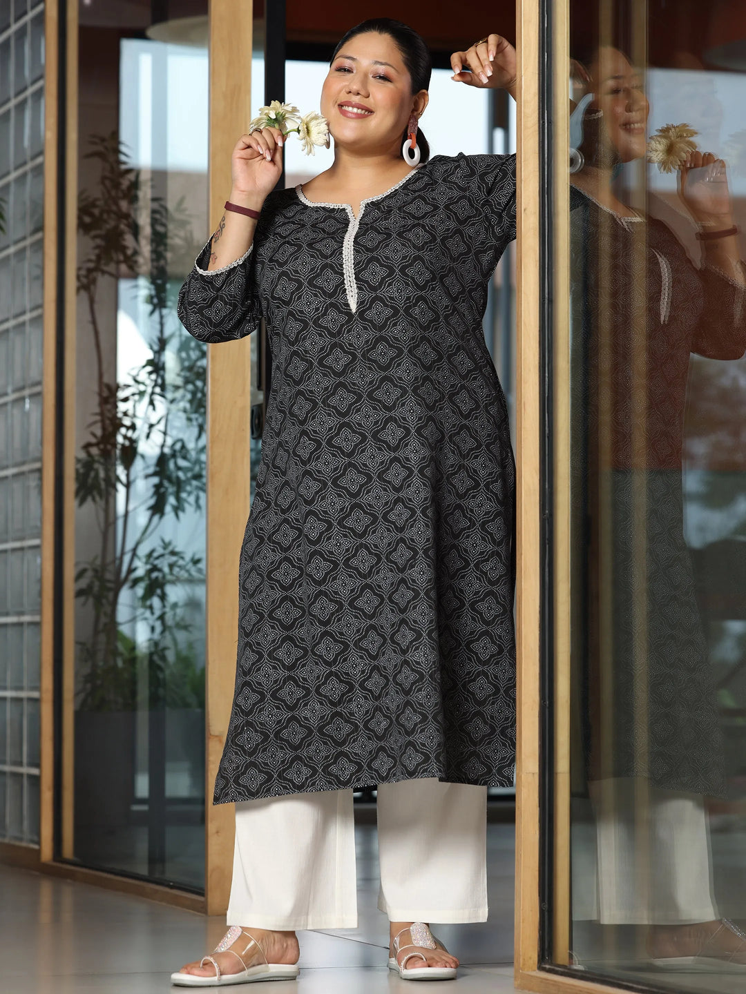 Plus Size Black Printed Cotton Straight Kurta