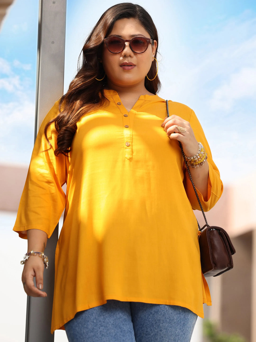 Plus Size Mustard Solid Rayon Straight Kurti