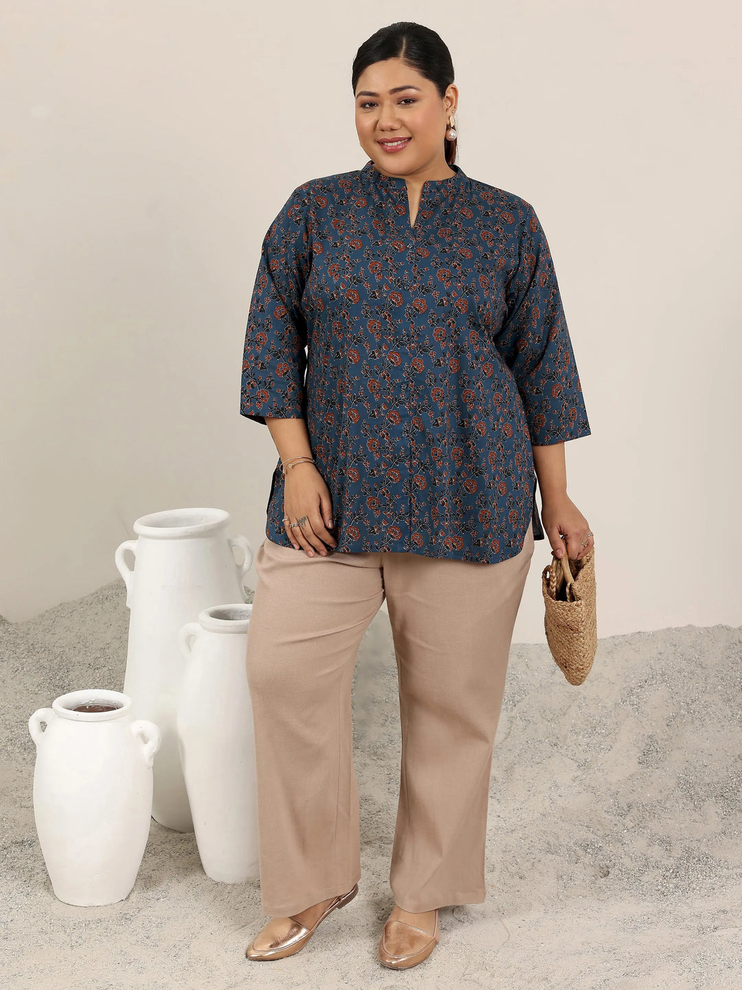 Plus Size Blue Printed Cotton Straight Short Kurti