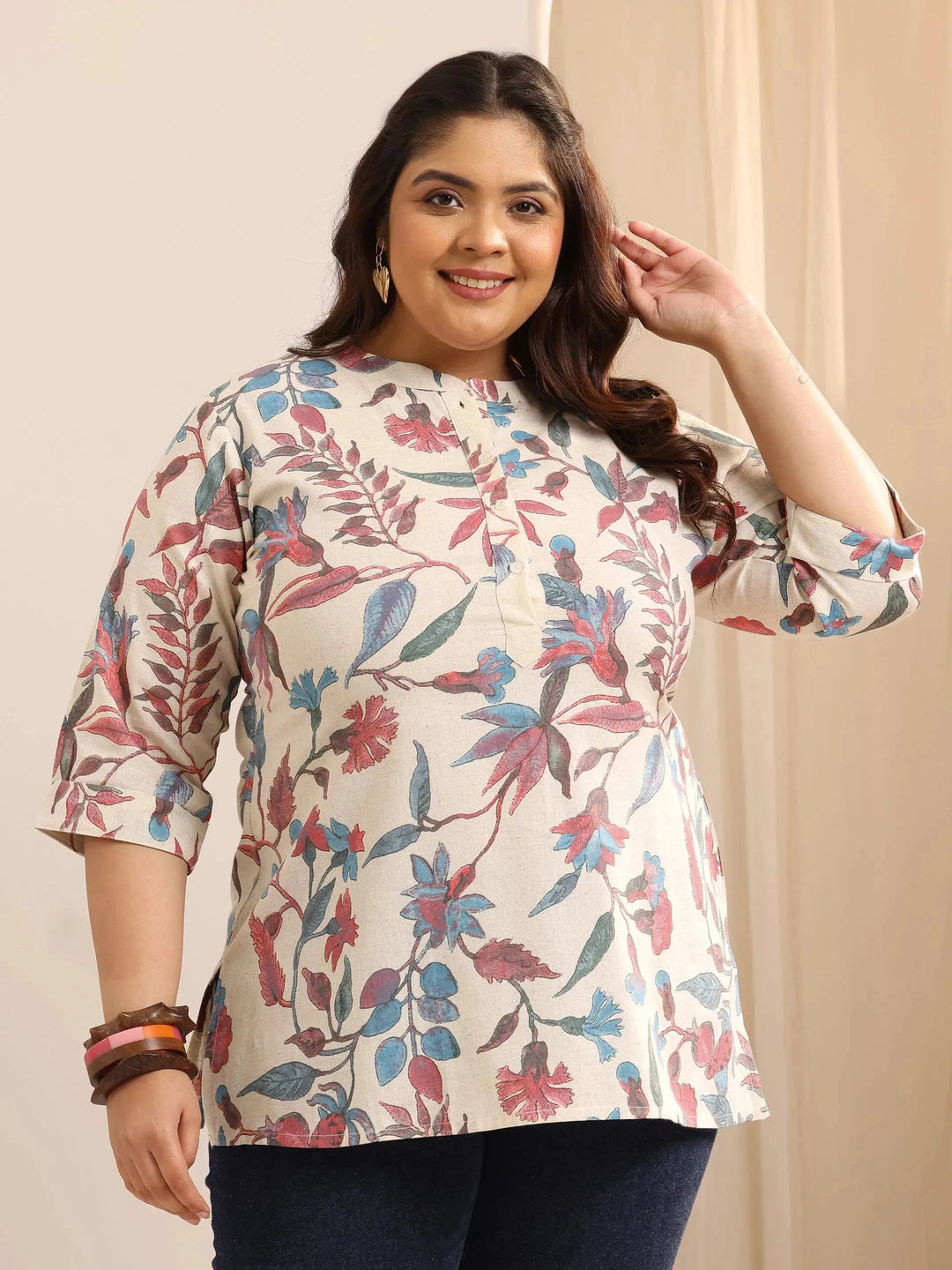 Plus Size Multi Printed Cotton Straight Short Kurti