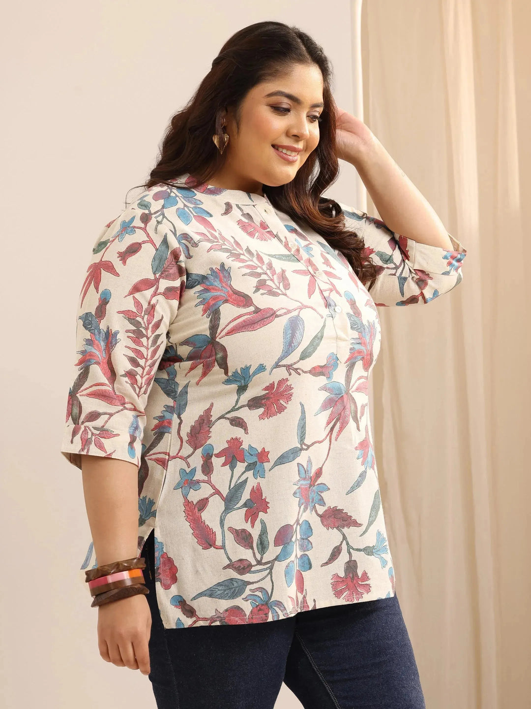 Plus Size Multi Printed Cotton Straight Short Kurti