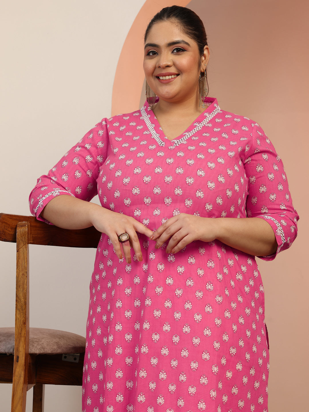 Plus Size Pink Printed Cotton Straight Kurta