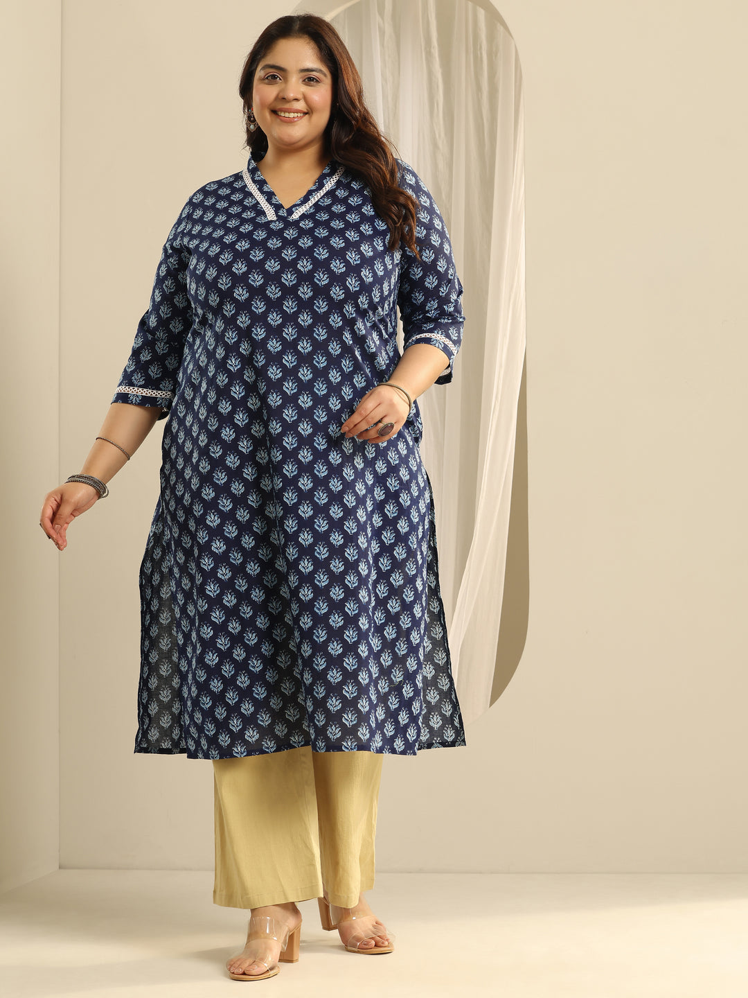 Plus Size Indigo Printed Cotton Straight Kurta