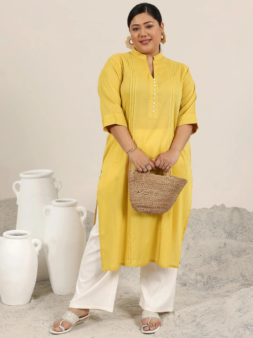 Plus Size Yellow Printed Cotton Kurta