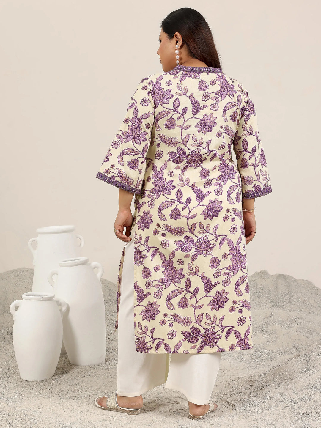 Plus Size Off White Printed Cotton Kurta