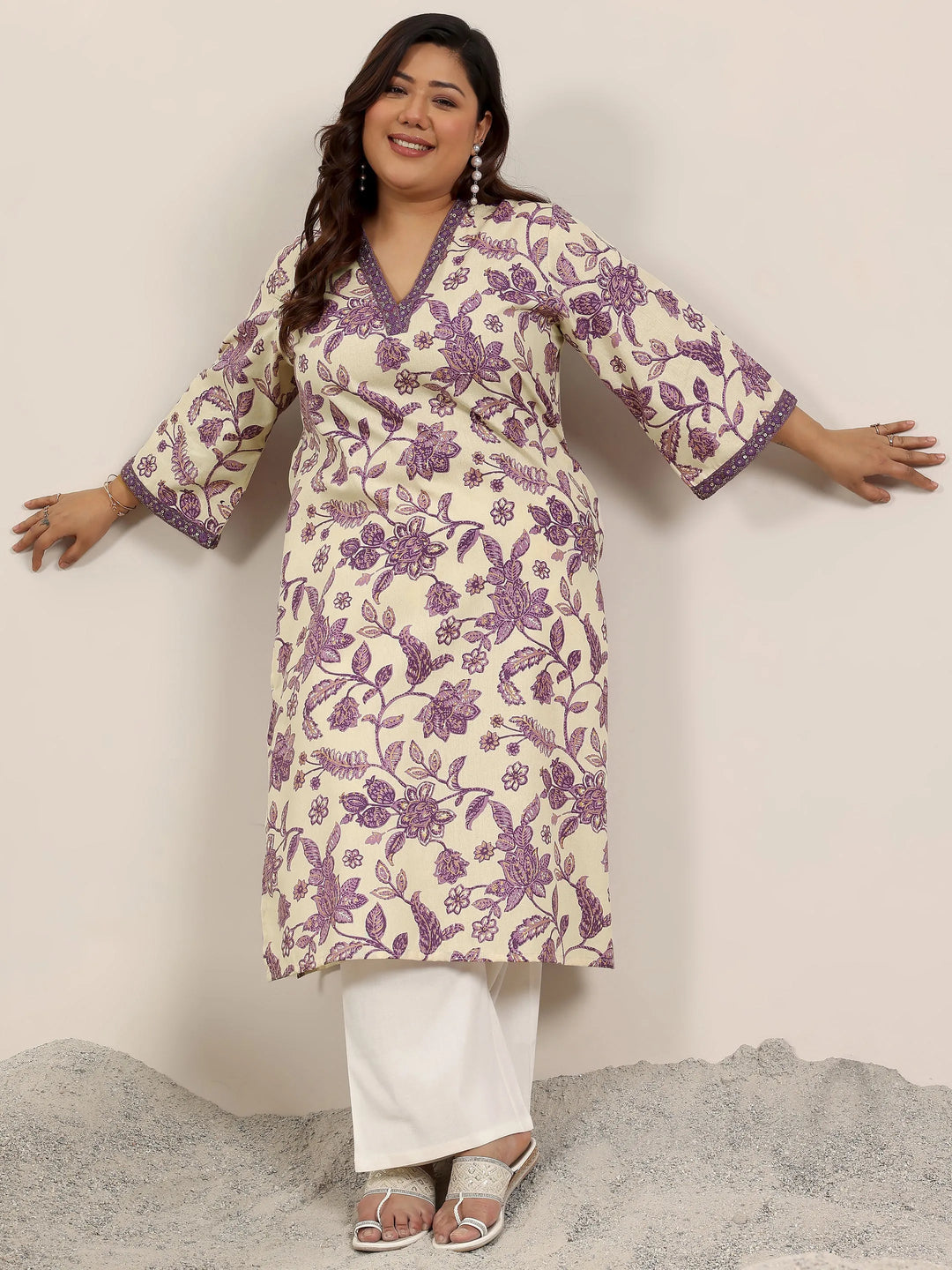 Plus Size Off White Printed Cotton Kurta