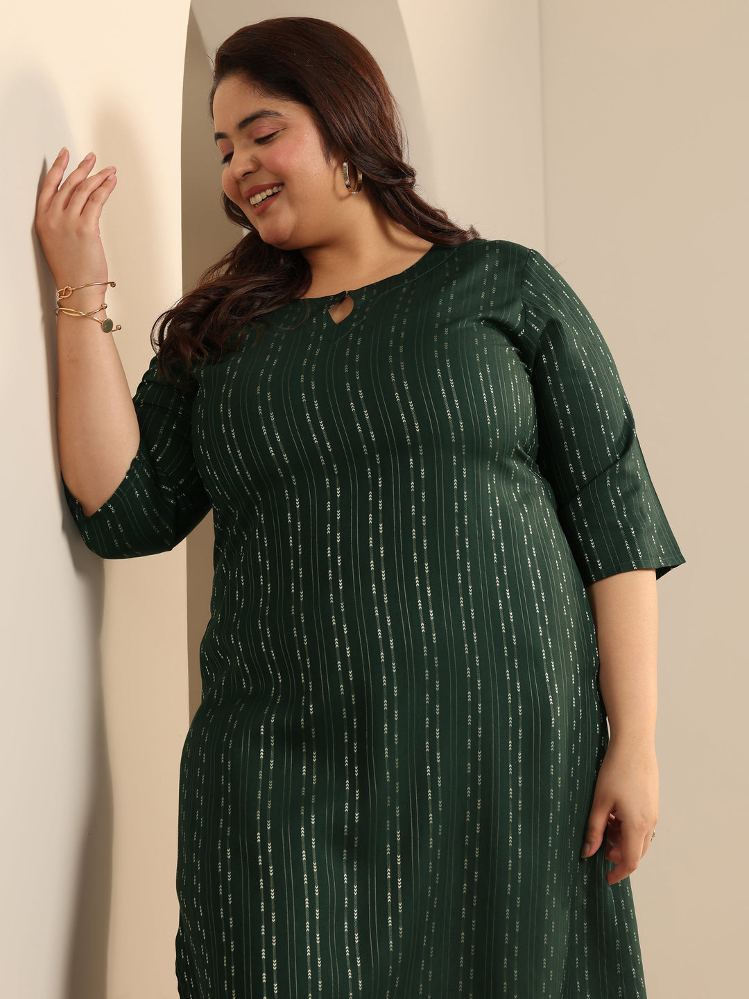 Plus Size Green Woven Design Viscose Straight Kurta