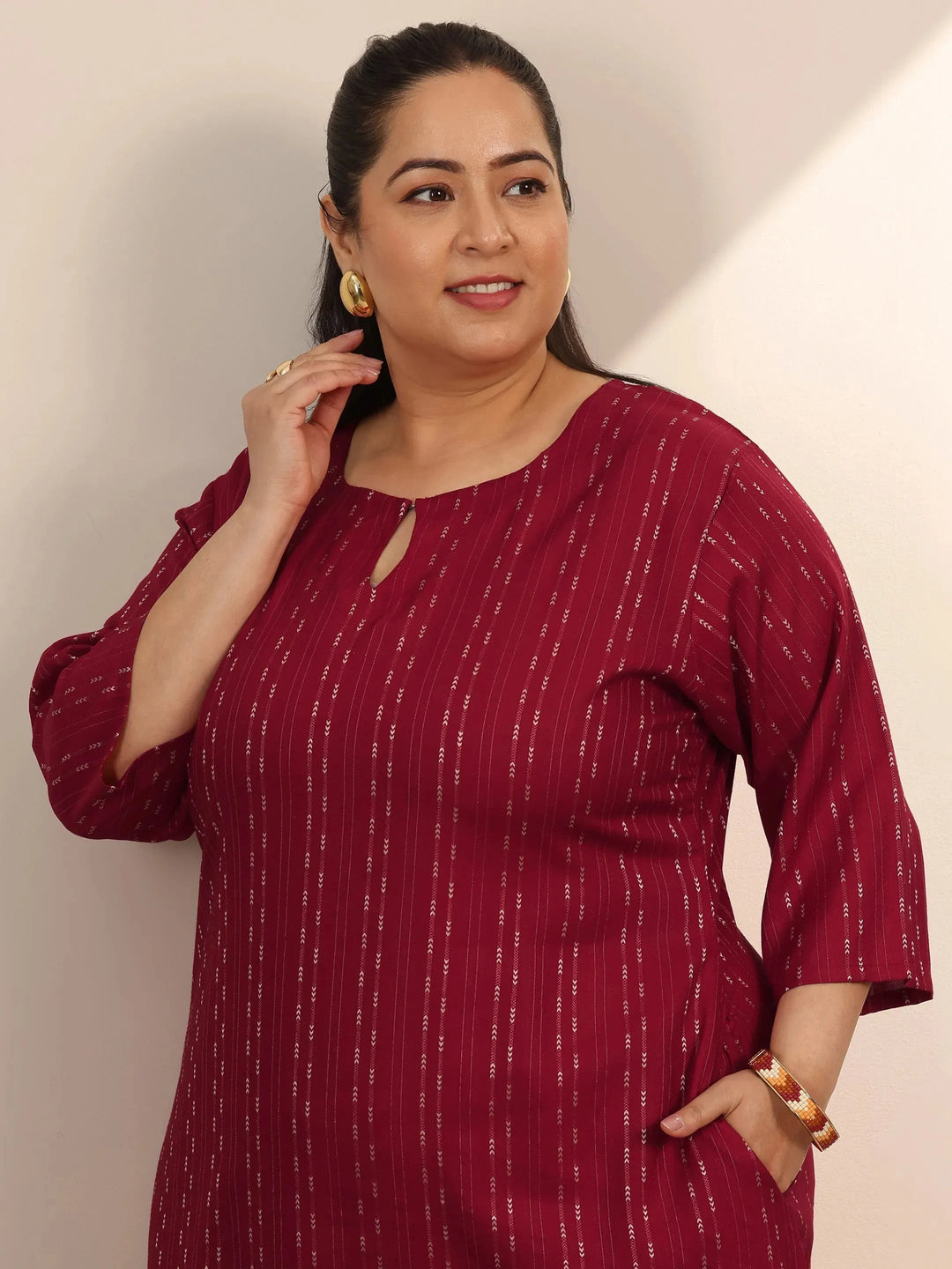 Plus Size Red Woven Design Viscose Rayon Straight Kurta