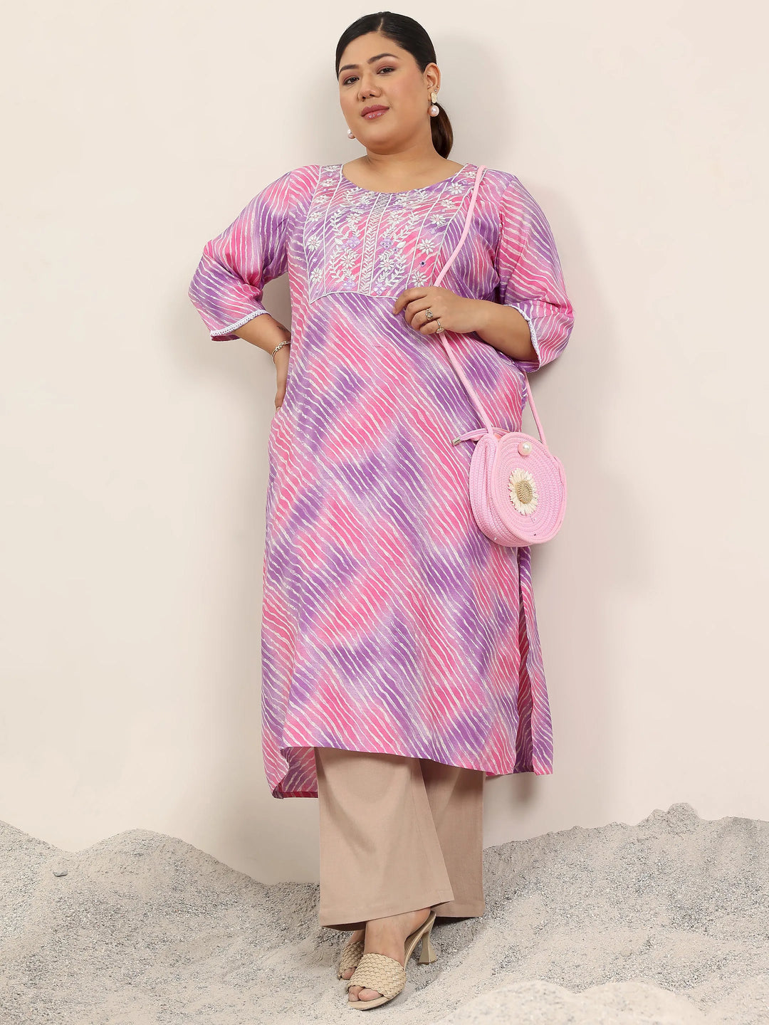 Plus Size Lavender Printed Straight Silk Kurta
