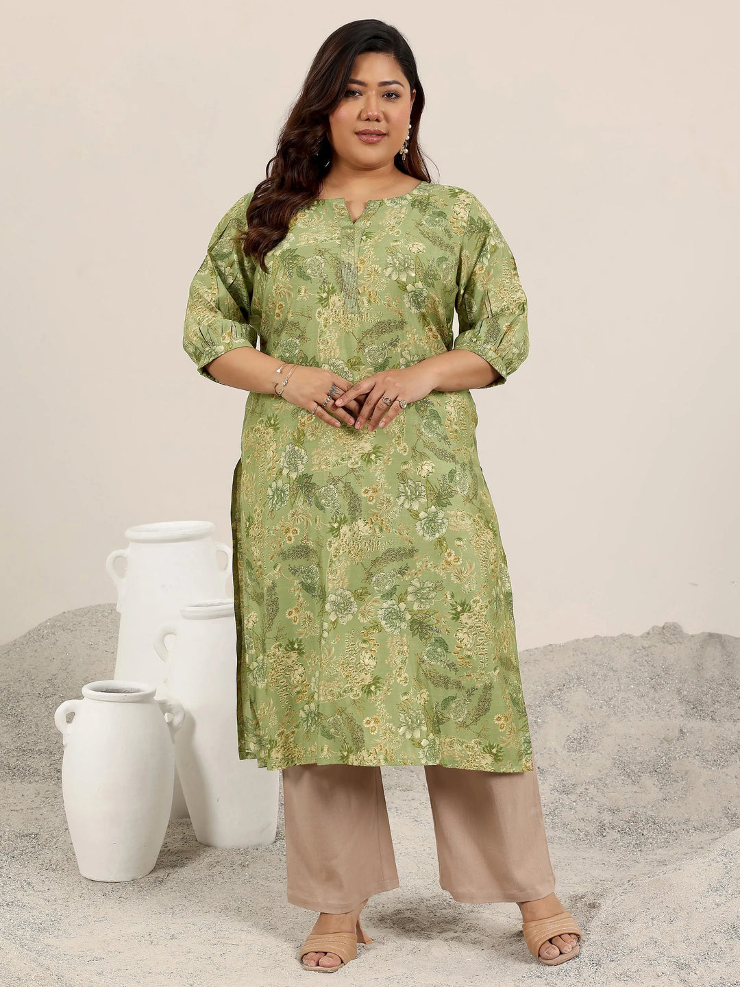 Plus Size Green Printed Silk Straight Kurta