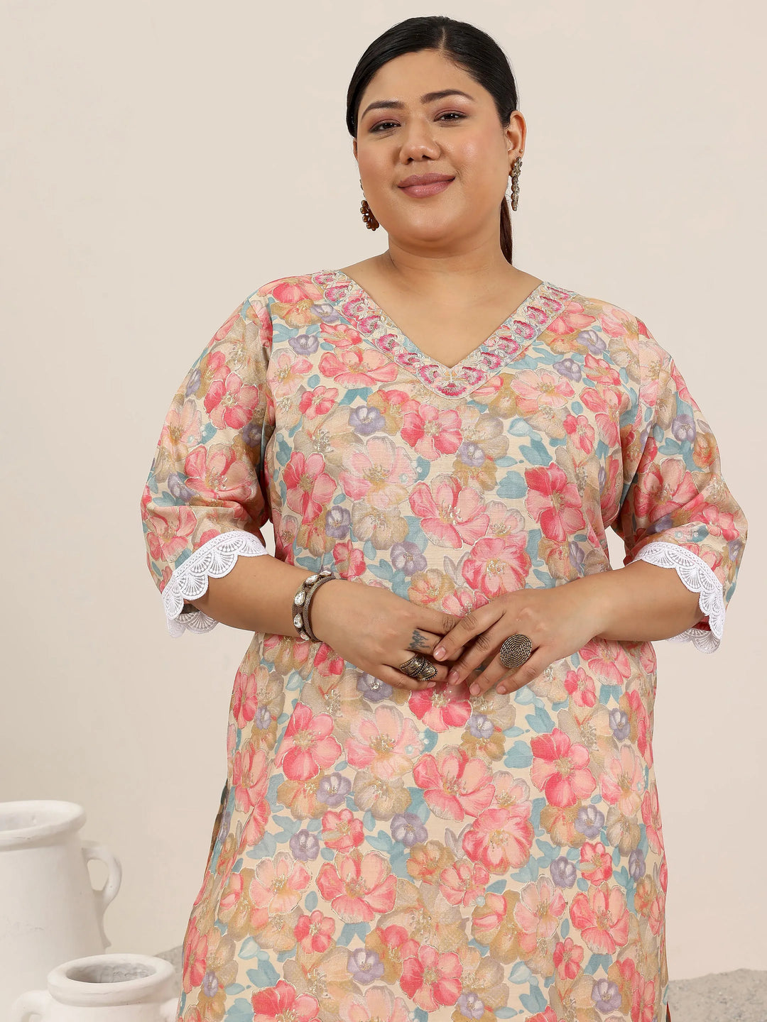 Plus Size Pink Printed Silk Blend Kurta