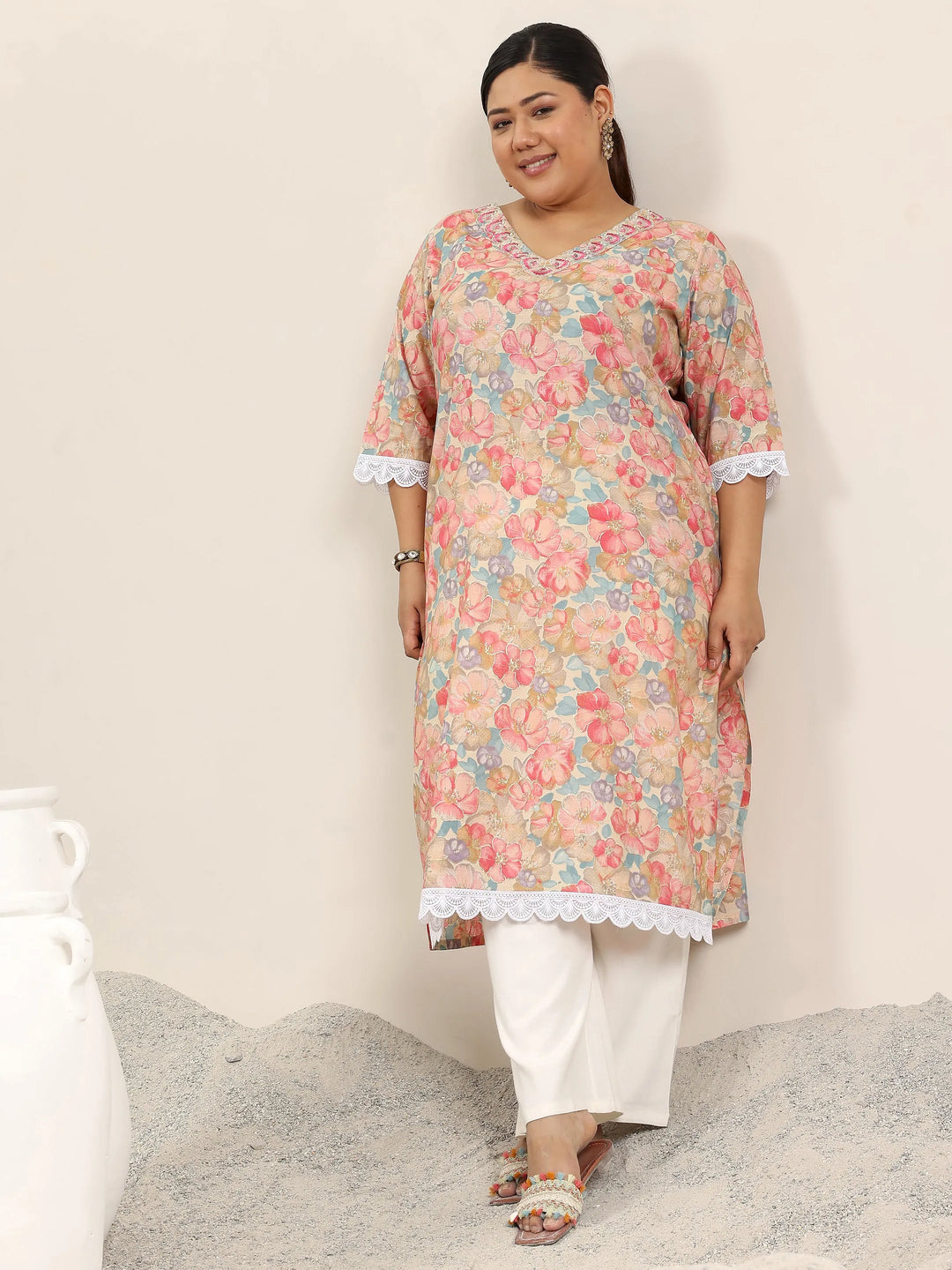 Plus Size Pink Printed Silk Blend Kurta