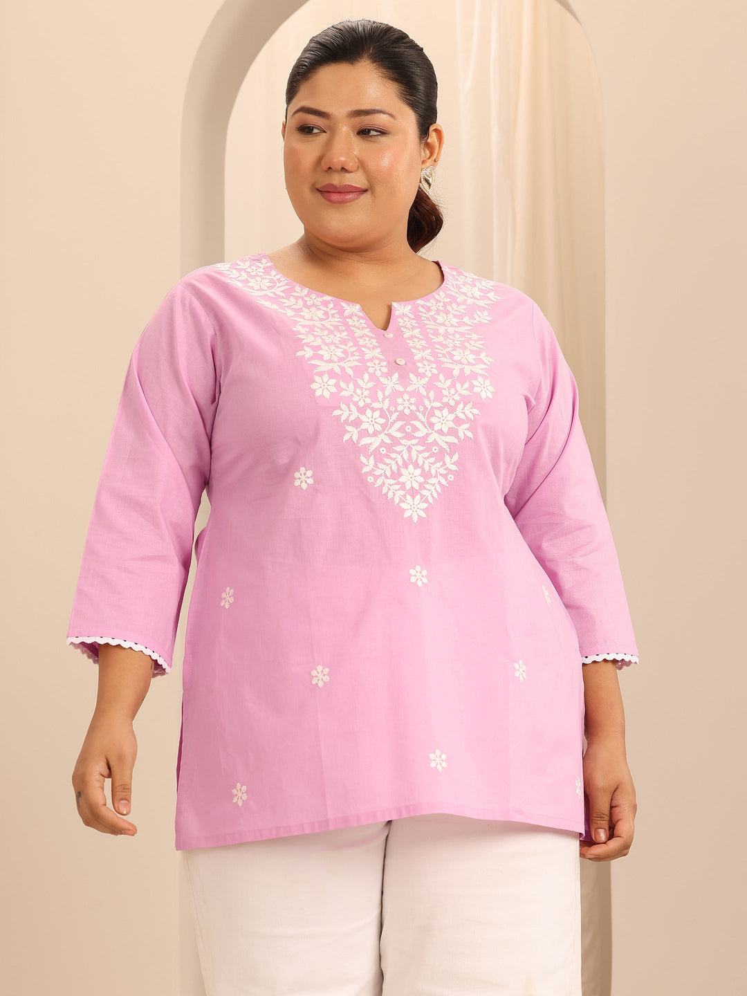 Plus Size Pink Embroidered Cotton Straight Short Kurti