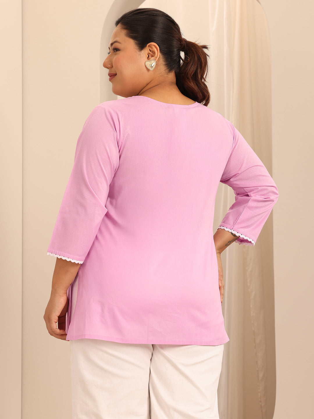 Plus Size Pink Embroidered Cotton Straight Short Kurti
