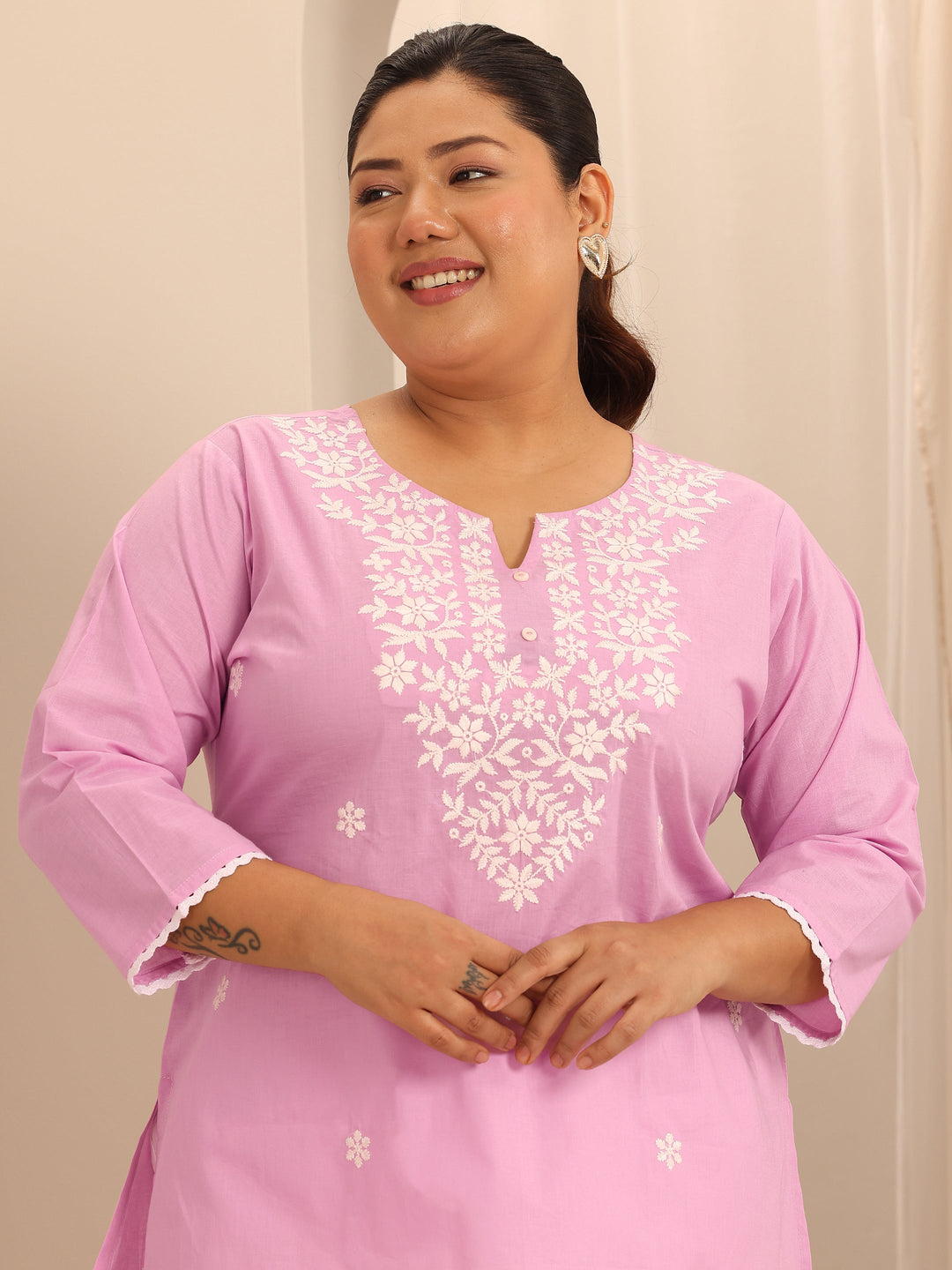 Plus Size Pink Embroidered Cotton Straight Short Kurti