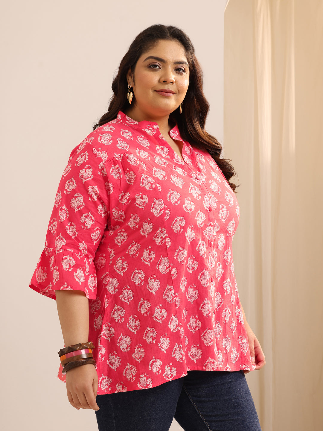 Plus Size Coral Printed Cotton Straight Short Kurti