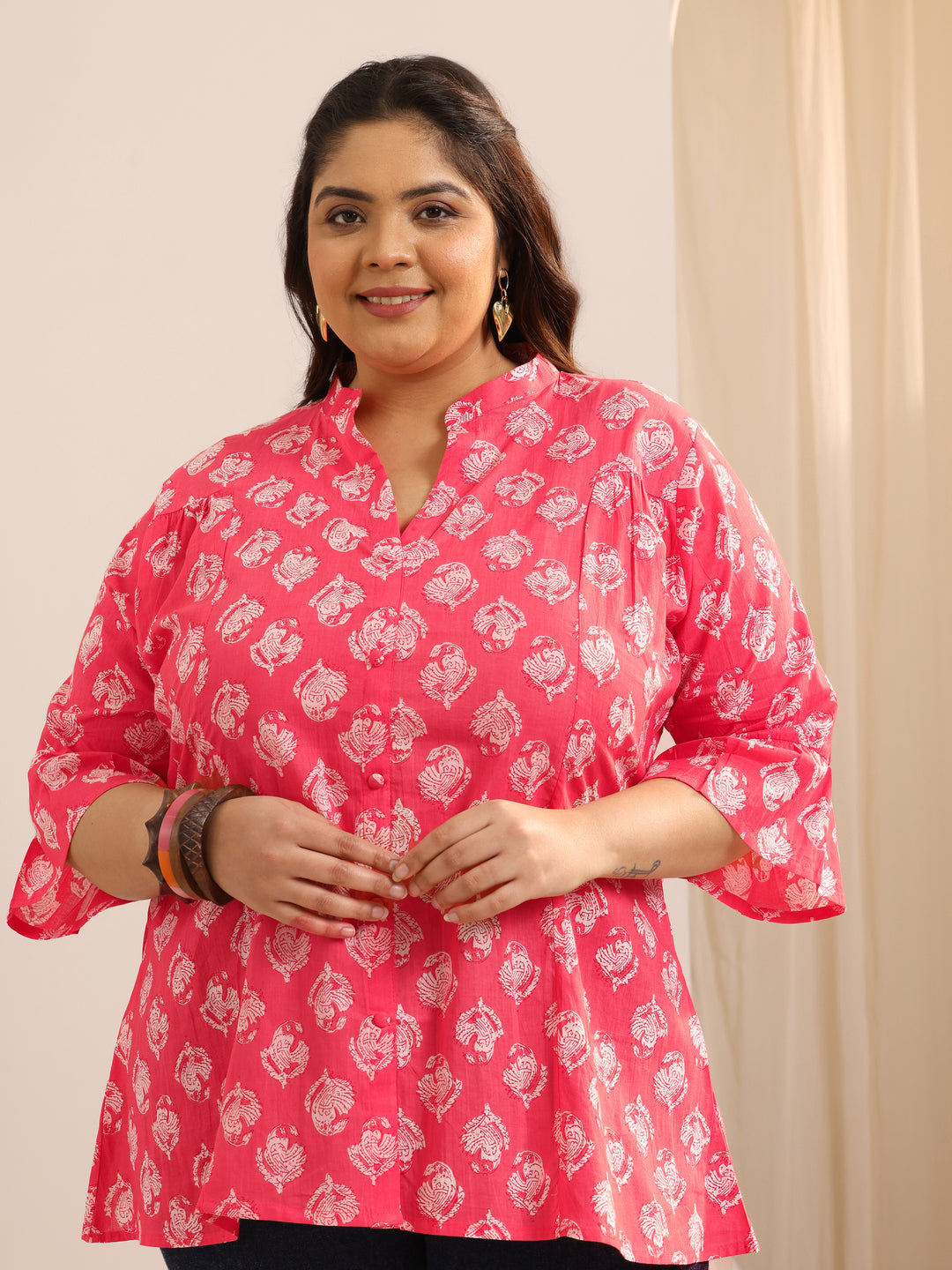 Plus Size Coral Printed Cotton Straight Short Kurti