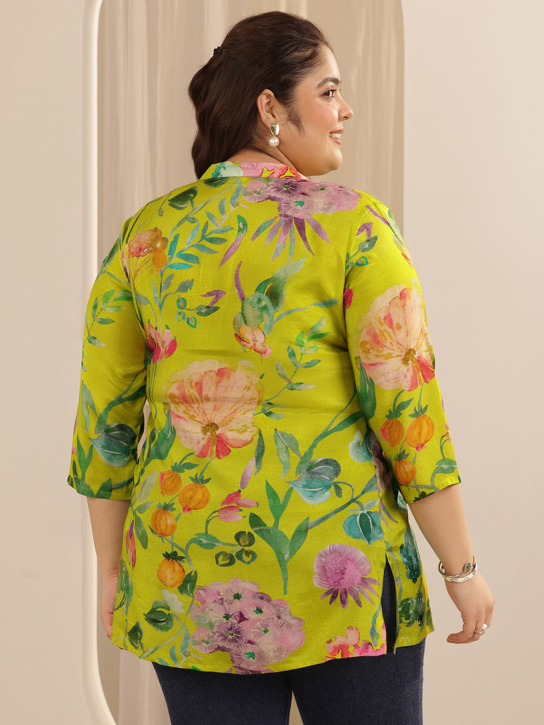 Plus Size Lime Green Printed Muslin Straight Short Kurti