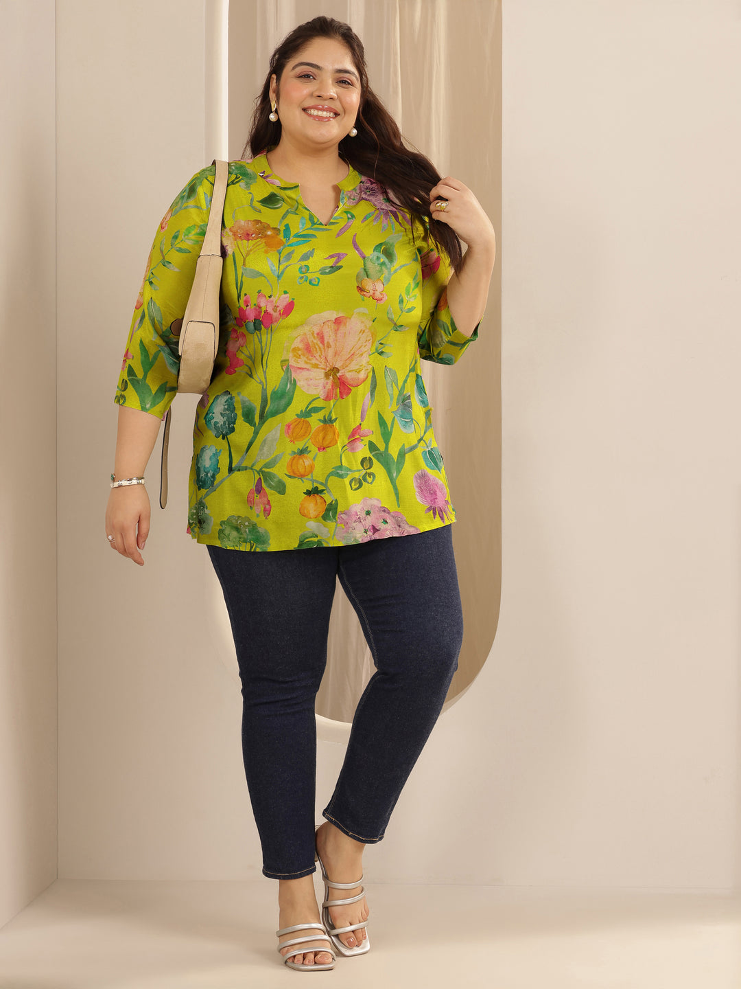 Plus Size Lime Green Printed Muslin Straight Short Kurti