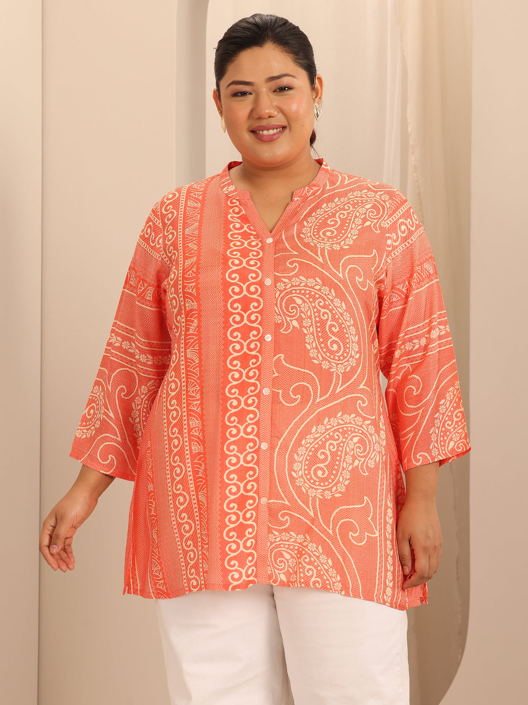 Plus Size Orange Printed Muslin Straight Tunic