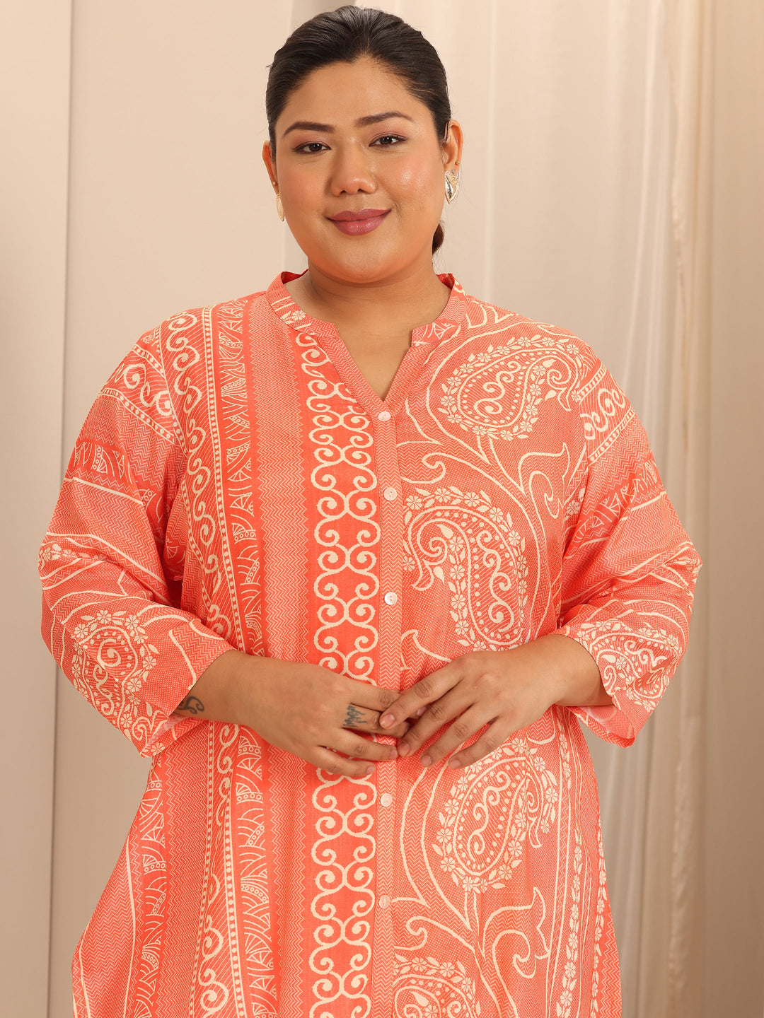 Plus Size Orange Printed Muslin Straight Tunic