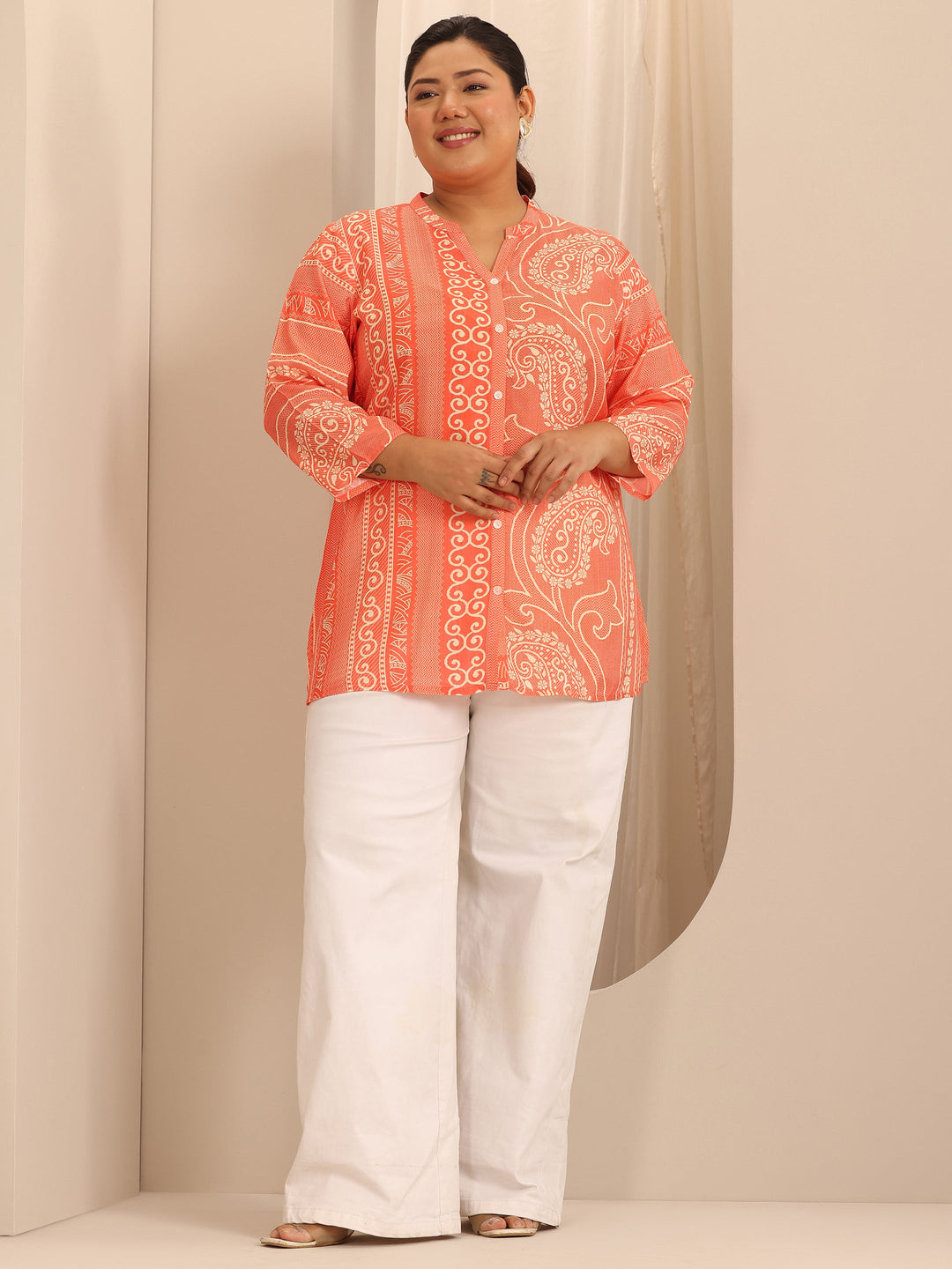 Plus Size Orange Printed Muslin Straight Tunic
