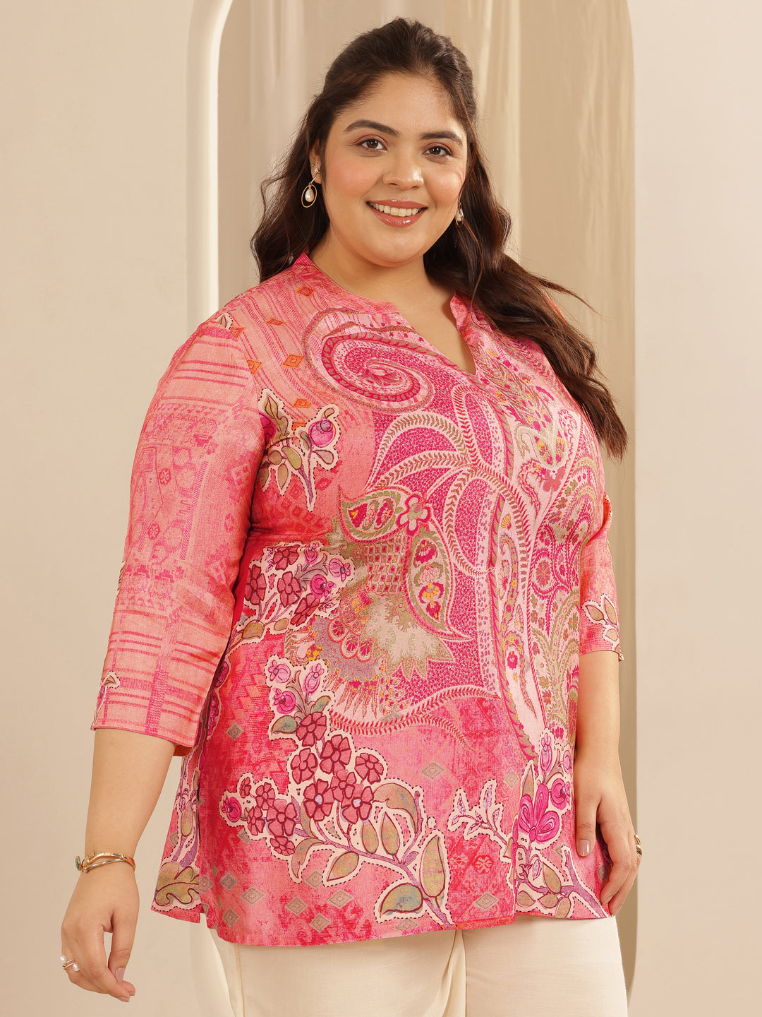 Plus Size Peach Printed Muslin Straight Short Kurti