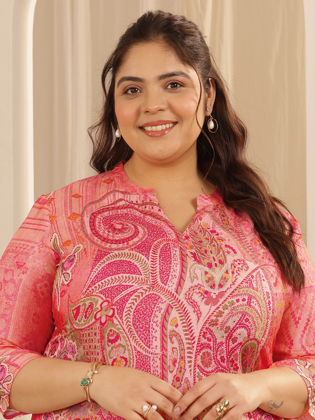 Plus Size Peach Printed Muslin Straight Short Kurti