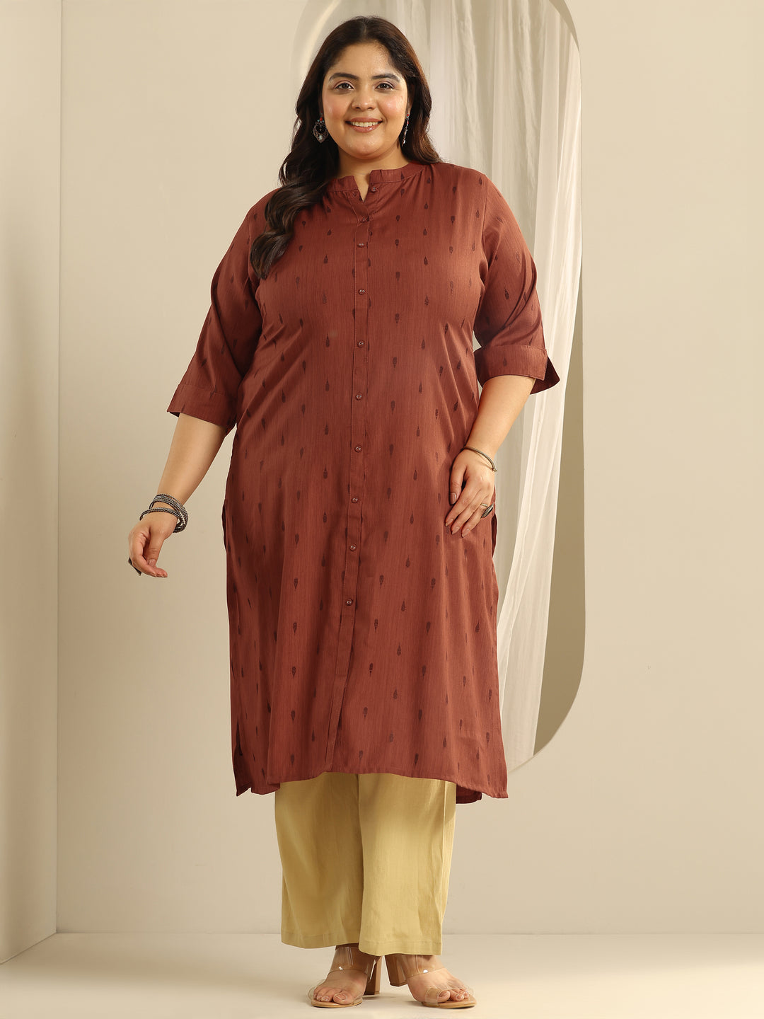 Plus Size Rust Woven Design Viscose Straight Kurta