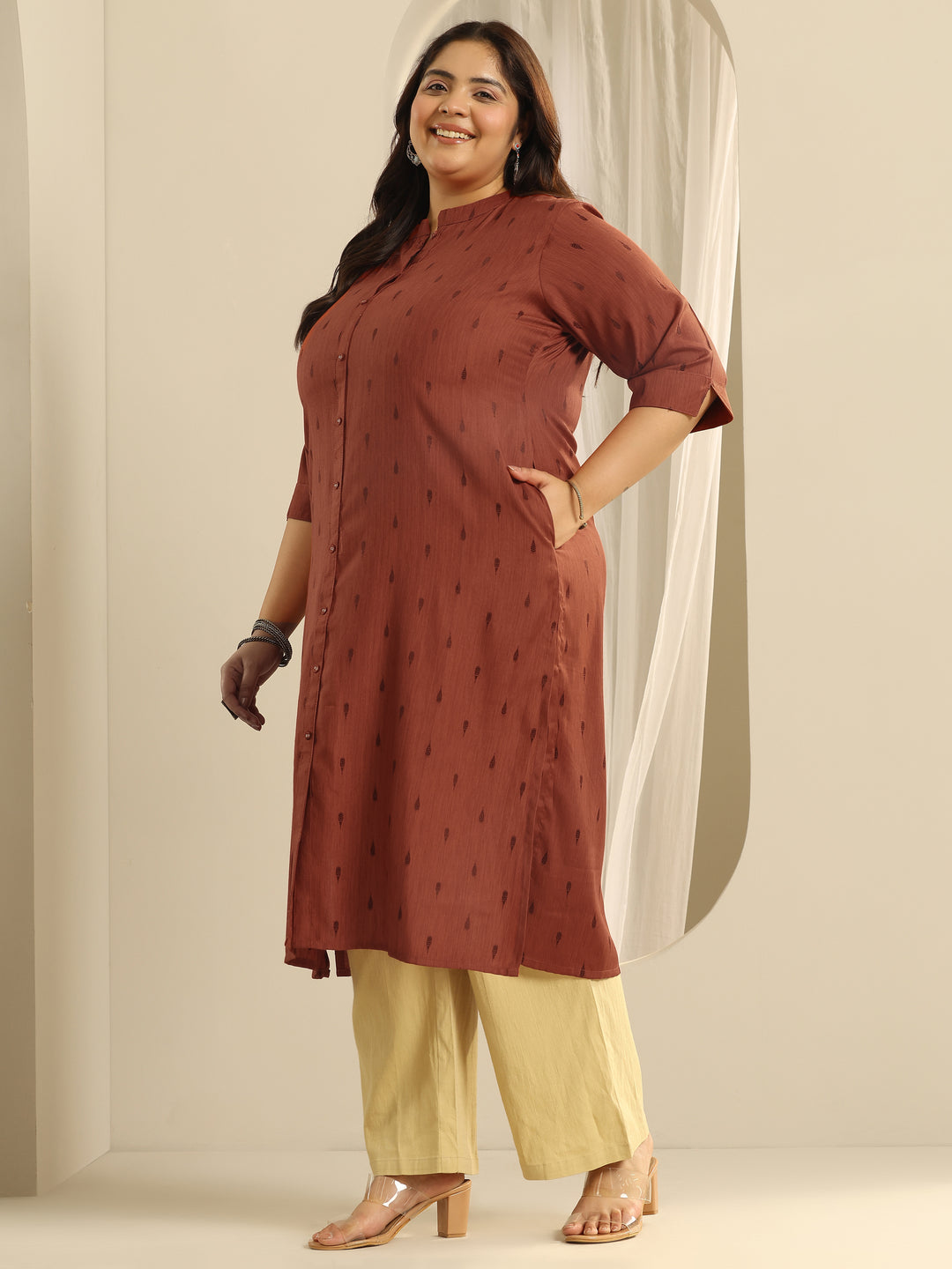 Plus Size Rust Woven Design Viscose Straight Kurta